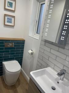 La salle de bains est pourvue de toilettes blanches et d'un lavabo. dans l'établissement Furzy House, à Pembrokeshire
