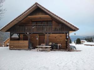 una cabaña de madera en la nieve con una mesa de picnic en le familial avec spa, sauna salle de jeux en Xonrupt-Longemer