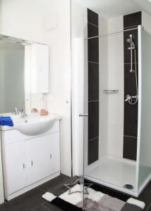 een badkamer met een glazen douche en een wastafel bij Ferienwohnung Biber im Müritz Seepark in Marienfelde