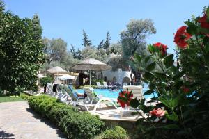 a pool with lounge chairs and umbrellas at Toloman Bitezpark Apartments in Bodrum City