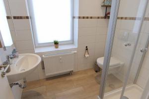 Un baño con ducha, lavabo e inodoro. en FeWo Thule Poel an der Ostsee - ABC368 - nur Feriengäste!, en Kirchdorf 4 fotos más