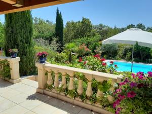 a garden with flowers and a swimming pool at Maison de vacances dans le verdon in Saint-Julien