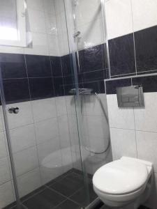 a bathroom with a shower and a toilet at APARTMANS AJAN OHRID in Ohrid