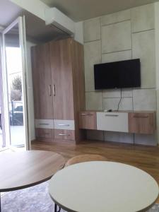 a living room with a tv and a table at APARTMANS AJAN OHRID in Ohrid