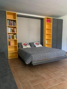 ein Schlafzimmer mit einem Bett und einem Bücherregal in der Unterkunft Appartamento con giardino in Pontecchio