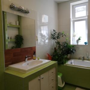 a bathroom with a sink and a tub and a mirror at Botaniczny Pokój in Kraków