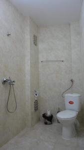 a bathroom with a shower and a toilet in it at Намира се под връх Исполин,на 5км от Шипка,има 300м ски писта със Чайна и ски гардероб+детски шейни,паркинг, Леглова база-35 места разпределени в 11 стаи,всички стаи са със самостоятелна баня и тоалетна. 