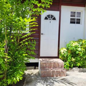 a house with a white door and a brick bench at Dolphin Inn Guesthouse & Apartments in Christ Church