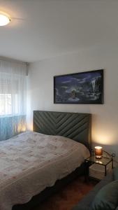sypialnia z łóżkiem i zdjęciem na ścianie w obiekcie Priko Cetine w Omišu