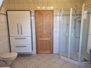 a bathroom with a toilet and a shower and a door at Ferienwohnung Metzner Harnsbach in Burgebrach +21 photos