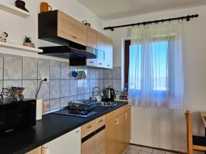 Elle comprend une petite cuisine avec un évier et une fenêtre. dans l'établissement Cozy House Zivko with Balcony, aux lacs de Plitvice
