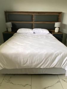 a large white bed with two pillows on it at Rollers Rest Guesthouse in Boksburg