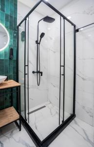 y baño con ducha y puerta de cristal. en New Gudauri Sweet Apartment With Fireplace and view The Gondola Lift, en Gudauri