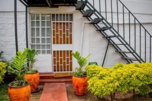 uma porta da frente de uma casa com vasos de plantas em Classy African - themed 1 BR apartment in Karen em Karen