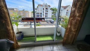 une fenêtre avec vue sur un balcon orné de plantes dans l'établissement Studio Océan City, à Saint-Pierre