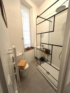 uma casa de banho com um WC e uma cabina de duche em vidro. em Lovely studio Crimee em Paris