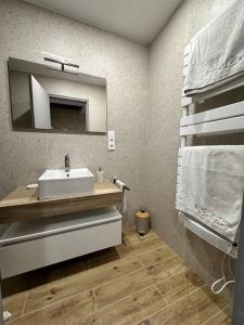 ein Bad mit einem Waschbecken und einem Spiegel in der Unterkunft L’ancienne ferme in Sainte-Marie-aux-Mines