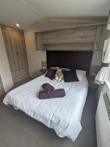 a large white bed with a teddy bear laying on it at BEAUTIFUL LODGE on SHOREFIELD Country Park on edge of New Forest ENTERTAINMENT AND LEISURE PASSES INCLUDED in Milford on Sea