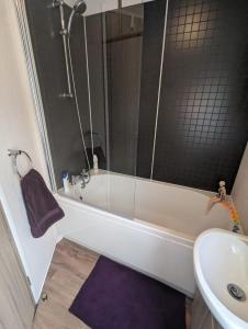 a bathroom with a white tub and a sink at BEAUTIFUL LODGE on SHOREFIELD Country Park on edge of New Forest ENTERTAINMENT AND LEISURE PASSES INCLUDED in Milford on Sea