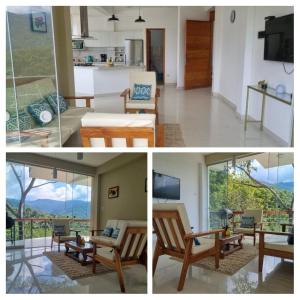 two pictures of a living room and a kitchen at Vista escalera lodge in Tarapoto