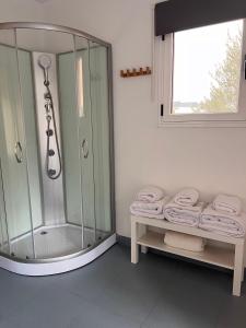 a bathroom with a shower and some towels on a bench at Apartamento Waiora in Aguaviva