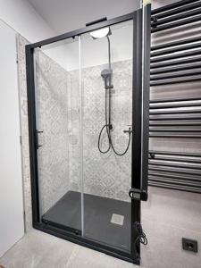 a shower with a glass door in a bathroom at Old Roofs in Zagreb