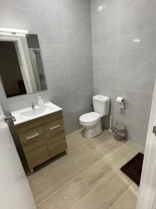 a bathroom with a toilet and a sink and a mirror at Habitación en Planta Baja con terraza in Barcelona
