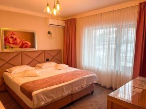 a hotel room with a bed and a window at Hotel Roser House Boutique - pe malul lacului Colibita in Colibiţa