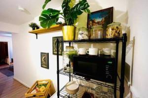 a room with a shelf with plants and a microwave at Cosy - Stylish - Close to Centre in Cardiff