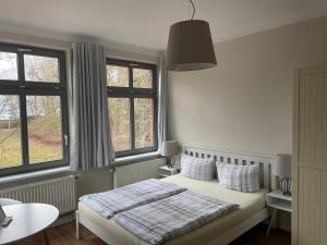 Un dormitorio con una cama y dos ventanas. en Alte Häuslerei, en Boltenhagen