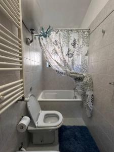 a bathroom with a toilet and a tub with a shower curtain at Bengiorne! Casa vacanza Al Viale in Raiano