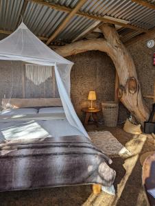 a bedroom with a canopy bed and a tree at Magical Treehouse in Lagos