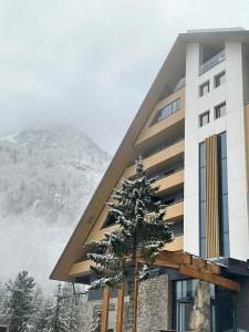 a building with a tree in front of it at Valbona Resort & Spa in Valbonë