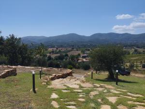 een stenen pad in een veld met bergen op de achtergrond bij Col di Pietra in Giuncarico