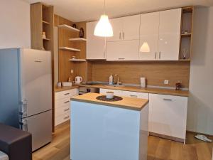 a kitchen with white cabinets and a white refrigerator at Danaya in Petrich