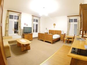 ein Wohnzimmer mit einem Bett und einem TV in der Unterkunft Penzion SPORTINO in Svoboda nad Úpou