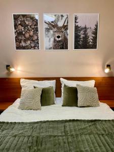 um quarto com uma cama com três fotografias na parede em Apartment KIMO - stunning view of High Tatras em Veľká Lomnica