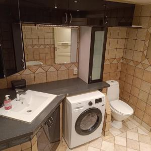 uma casa de banho com uma máquina de lavar roupa e um lavatório em Malvik em Malvik