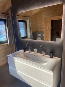 a bathroom with a white sink and a mirror at Wohlfühlchalet Hermagor-Nassfeld-Weissensee in Hermagor