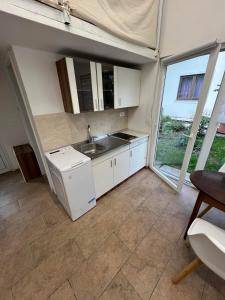 uma pequena cozinha com um lavatório e um fogão em Apartma Lilijana em Ljubljana