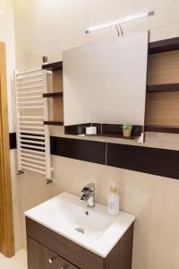 a bathroom with a sink and a mirror at Apartament na Górnej in Puńsk