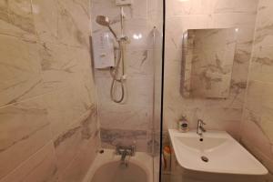 伯明罕的住宿－Urban Oasis apartment，带淋浴、盥洗盆和浴缸的浴室