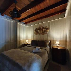 ein Schlafzimmer mit einem großen Bett mit zwei Leuchten in der Unterkunft Chalé Villa das Hortênsias in Annitapolis