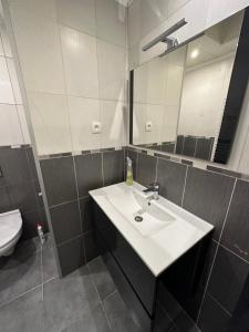 een badkamer met een wastafel en een spiegel bij BelloHome in La Bretagne