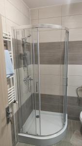 La salle de bains est pourvue d'une douche avec une porte en verre. dans l'établissement StudioConfort, à Braşov