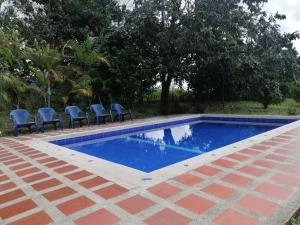 布加的住宿－FINCA LA COLONIA，房屋旁带椅子的游泳池