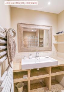 La salle de bains est pourvue d'un lavabo et d'un miroir. dans l'établissement Le Passage, à Carcassonne