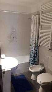 y baño con aseo, lavabo y ducha. en Bilocale Piano Terra Villetta - La Thuile Frazione Buic en La Thuile