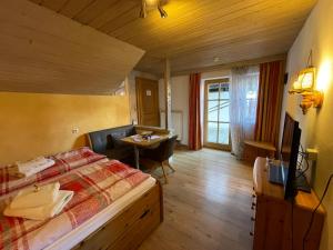 pokój hotelowy z łóżkiem, biurkiem i telewizorem w obiekcie Gästehaus Katharina w mieście Hochfilzen