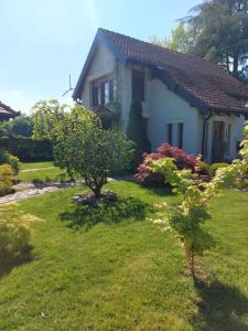 a small white house with a green yard at Kuca na Savi - Stari hrast in Vladimirci